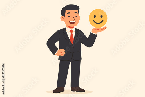 Businessman holding smiley face emoji. Positive feedback, customer satisfaction concept. Happy employee with good attitude, motivation, encouragement at work. Flat design vector.