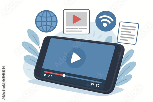 Video on smartphone. Online streaming service on mobile phone. Digital content, media consumption, watching movie concept. Internet, wifi, play button vector flat illustration.