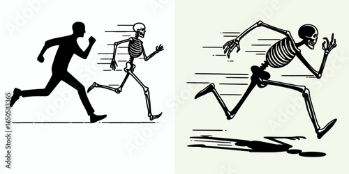 A Skeleton shadow chasing. Retro Vintage Line Art Clipart Silhouette Vector Illustration. .