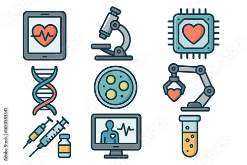 Medical technology icon set. Healthcare innovation and science research concepts. Biotechnology, DNA, robotic surgery, telemedicine, vaccine, and diagnostics symbols. Vector pack.