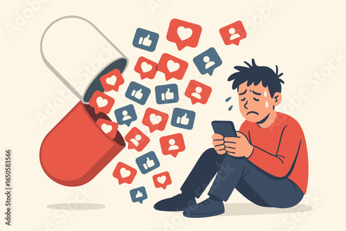 Social media addiction metaphor. Anxious man with phone, notifications, likes spilling from a giant pill. Concept of drug dependency, mental health problem, and nomophobia.