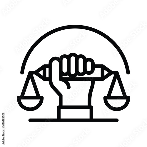 A stylized hand grips the scales of justice enclosed within a semicircular shape, web icon in line style. Editable stroke