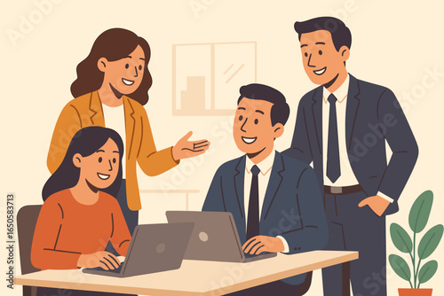 Business people team working together in office. Colleagues discussing project on laptop computer. Concept of teamwork, collaboration, meeting and brainstorming. Flat vector.