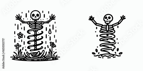A Skeleton spring soaking. Retro Vintage Line Art Clipart Silhouette Vector Illustration. .