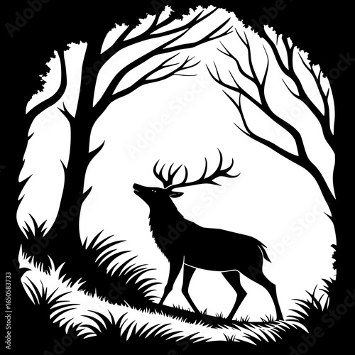 Silhouette of a majestic stag in a forest clearing with bare trees and tall grass in black and white