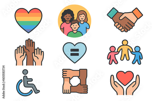 Diversity, equity, and inclusion (DEI) icon collection. Vector graphic set with concepts of teamwork, community, racial equality, social justice, disability, and LGBTQ pride.
