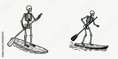 A Skeleton standup paddling. Retro Vintage Line Art Clipart Silhouette Vector Illustration. .