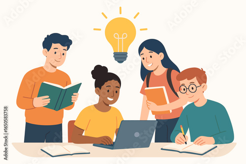Student team working on a project. Diverse group of young people studying together with books and a laptop. Concept of education, learning, collaboration, and brainstorming an idea.