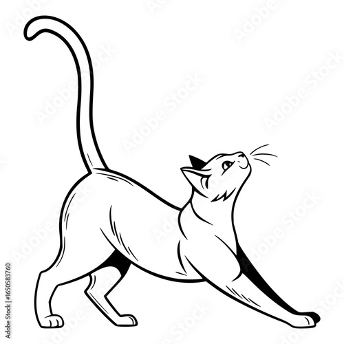 A stylized monochrome drawing of a cat stretching with its tail up and looking upwards gracefully