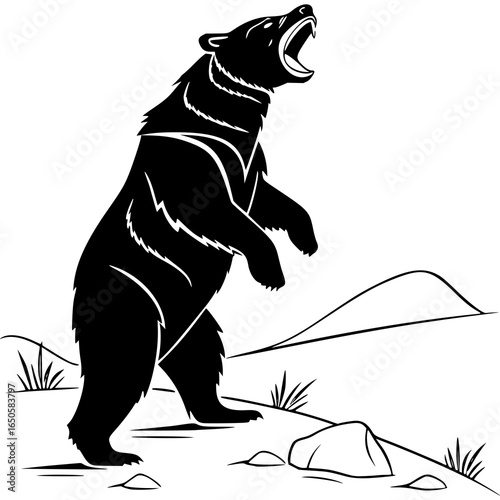 Vászonkép Illustration of a bear standing on its hind legs with its mouth open in a natura