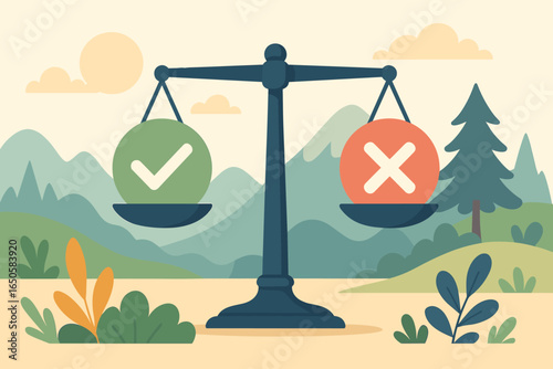 Balance scale with yes and no options. Concept of choice, decision making, weighing pros and cons. Ethical dilemma, moral choice, right or wrong. Flat vector illustration.