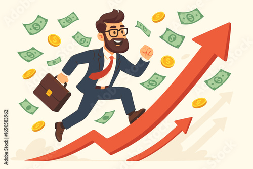 Successful modern businessman running up a rising graph arrow. Financial success concept. Worker with briefcase celebrating profit. Career growth, investment, wealth, income.