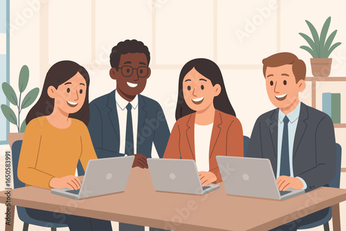 Diverse business team working together in an office. Happy multicultural colleagues collaborating on a project with laptops. Concept of teamwork, partnership, and success.