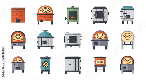 Vector Icon Set of Various Industrial Furnaces, Ovens, and Kilns in a Flat Style