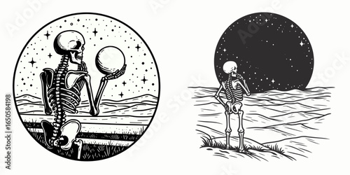 A Skeleton vastness admiring. Retro Vintage Line Art Clipart Silhouette Vector Illustration. .