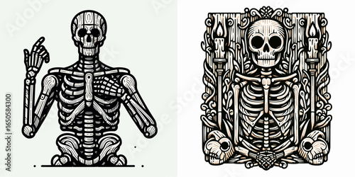 A Skeleton wood carving. Retro Vintage Line Art Clipart Silhouette Vector Illustration. .