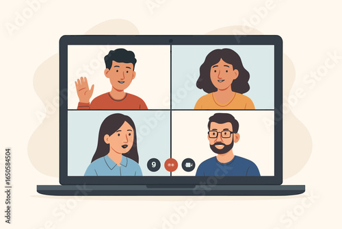 Video meeting on laptop screen. Remote communication, online conference, and virtual course concept. People communicating on video chat. Teamwork, webinar. Vector illustration.