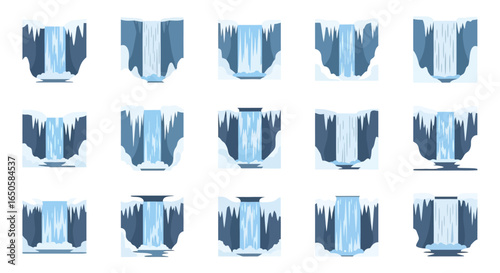 Vector Illustration of Various Stylized Waterfalls with Ice and Snow