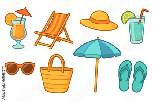 Summer vacation beach icon set with accessories for seaside relaxation. Vector cartoon illustration of tropical holiday items like cocktail, deckchair, hat, and sunglasses.
