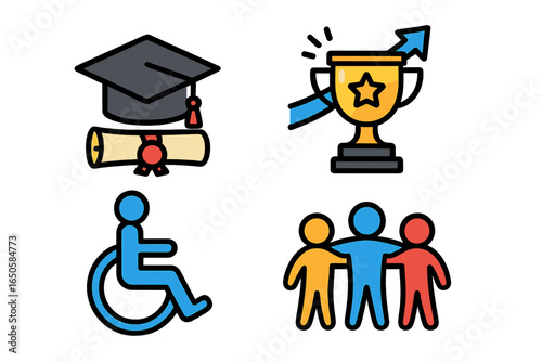 Vector icon set education, success, and inclusivity. Graduation cap, trophy, accessibility symbol, and teamwork collaboration. Flat outline design for web and mobile apps.