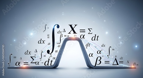Floating math equations with integral and summation symbols above a metallic wave shape form