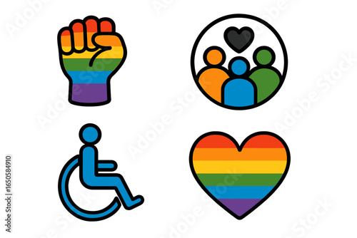 Set of diversity and inclusion icons. LGBTQ pride with rainbow flag fist and heart. Accessibility symbol for disability rights. Community support and social equality concept.