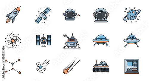 Vibrant Flat Design Space and Astronomy Icons Set with Outlined Cartoon Elements