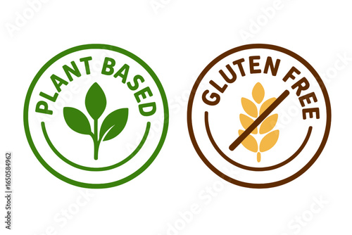 Plant based, gluten free icon set. Vegan food packaging label. Healthy diet symbol. Vegetarian product sticker. Allergen free, celiac friendly vector logo. Organic meal badge.