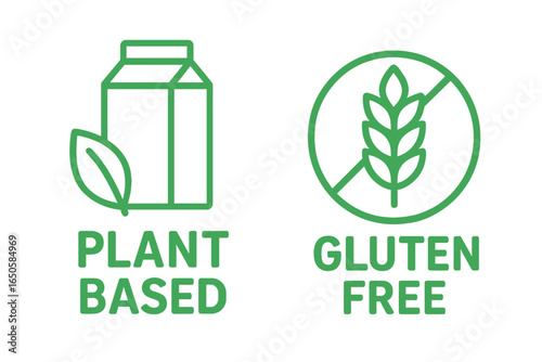 Plant-based and gluten-free vector icon set. Food packaging label symbol. Healthy diet green stamp. Vegan, dairy-free, no wheat allergen logo. Organic, natural food.