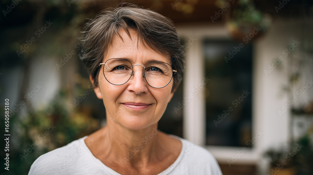 Obraz premium A middle-aged woman with glasses looks straight ahead with a slight smile, white t-shirt, house background