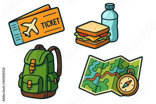 Travel essentials icon set for adventure and tourism. Vector cartoon illustration of flight ticket, backpack, map, compass, food and water for a journey or vacation plan.