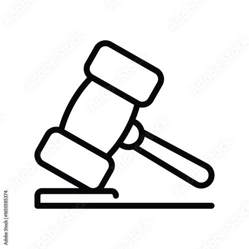 Line drawing of a gavel resting on a surface typically used in legal or auction settings, web icons in line style. Editable stroke