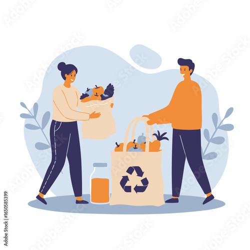 Happy Couple Engaged in Eco-Friendly Grocery Shopping, Promoting Sustainable Living and Healthy Lifestyle Choices Through Reusable Bags and Fresh Produce