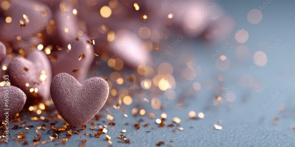 Fototapeta premium Beautiful featuring romantic hearts, perfect Valentine's Day. These textured, rose-gold hearts are surrounded bokeh lights confetti, creating festive elegant atmosphere. Ideal expressing love,