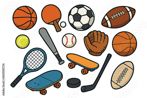 Big set of vector sports equipment. Cartoon icons collection of balls, rackets and gear for basketball, soccer, football, baseball, tennis, hockey and skateboarding.