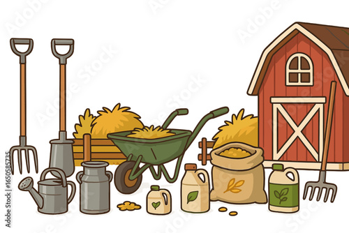 Agricultural tools and farm supplies set. Vector cartoon illustration of farming equipment with barn, wheelbarrow, shovel, pitchfork, hay. Rural harvest concept icons.