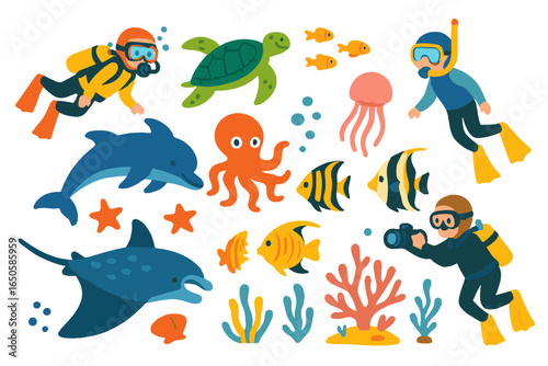 Set of scuba divers and marine animals. Cartoon vector illustration of dolphin, turtle, octopus, manta ray, fish, coral for kids. Underwater sea life and ocean adventure concept.