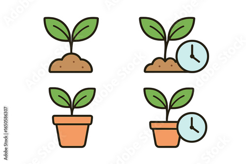 Plant growth icon set. Sprout in soil and pot with clock. Concept of growing time, patience, gardening, agriculture. Seedling vector illustration. Nature life cycle.