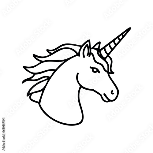 Elegant unicorn line art drawing with majestic horn and flowing mane