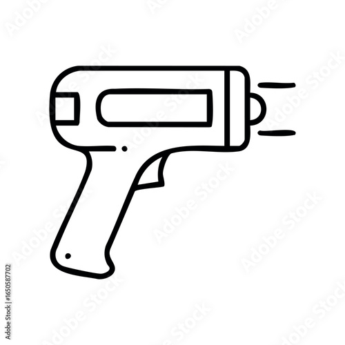 Black and white line drawing of a handheld infrared thermometer with digital display