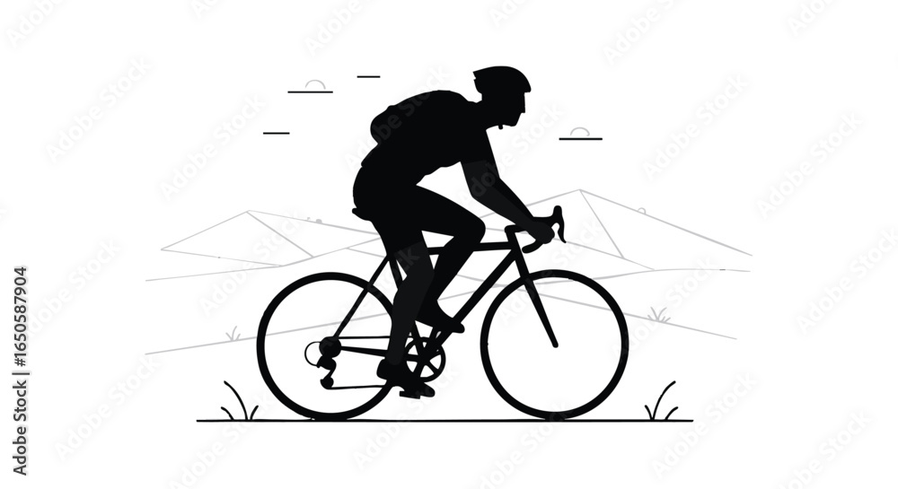 Obraz premium Dynamic monochrome illustration of a focused male cyclist navigating a road bike against a stylized mountain range, capturing the essence of endurance sports and outdoor adventure
