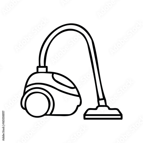 Line art vacuum cleaner drawing with hose and wheels