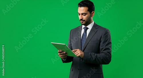 A man in a suit holds a tablet against a green background