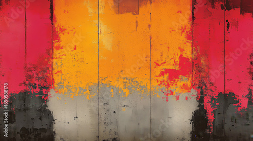 Vibrant, weathered wooden panels in shades of red, orange, and gray