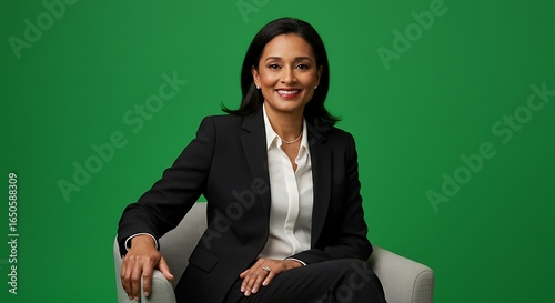 A woman in a black suit and white blouse sits in a chair against a green background