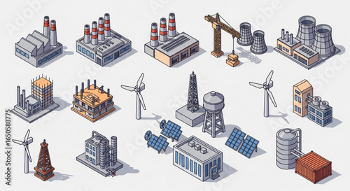 Isometric industrial buildings factories power plants energy infrastructure vector icons set for design