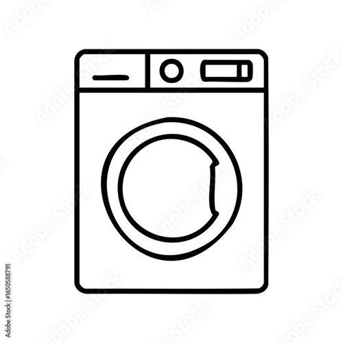 Simple black and white laundry machine line drawing of a front-loading washing machine