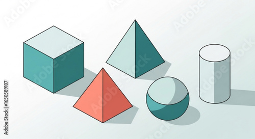 Geometric shapes illustration cube pyramid sphere cylinder mathematical forms study drawing sketch design concept art