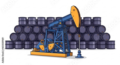 Oil pump jack and barrels illustration for energy production and petroleum industry design asset usage