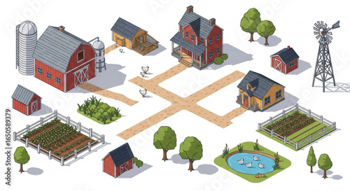 Isometric farm landscape illustration with barn house windmill pond and garden vector design asset perfect for games